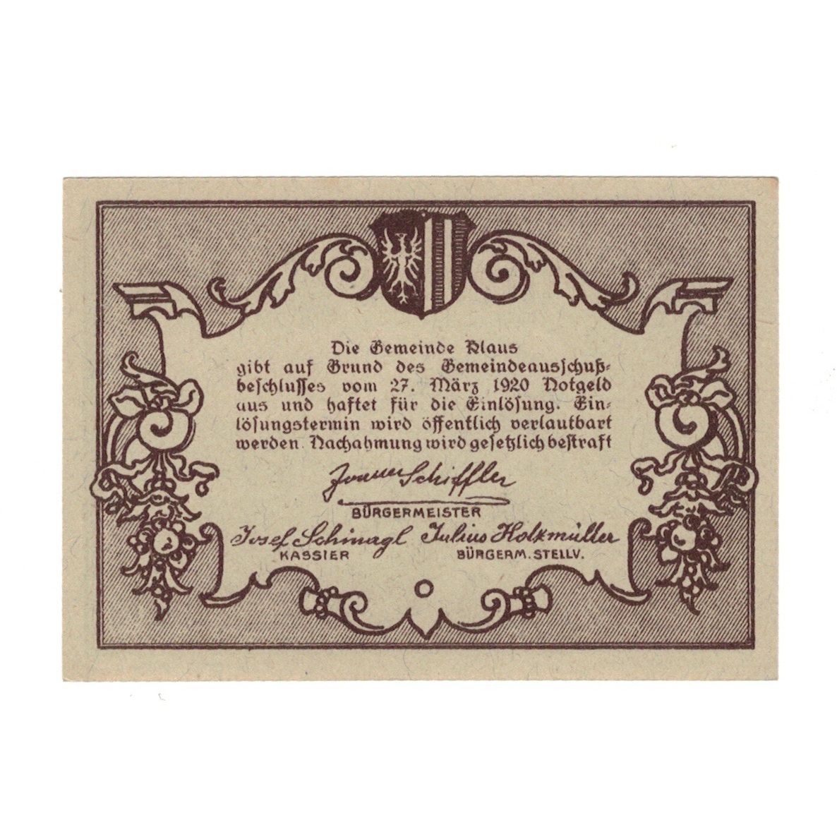 Geldschein, Österreich, Klaus O.Ö. Gemeinde, 50 Heller, Texte, 1920