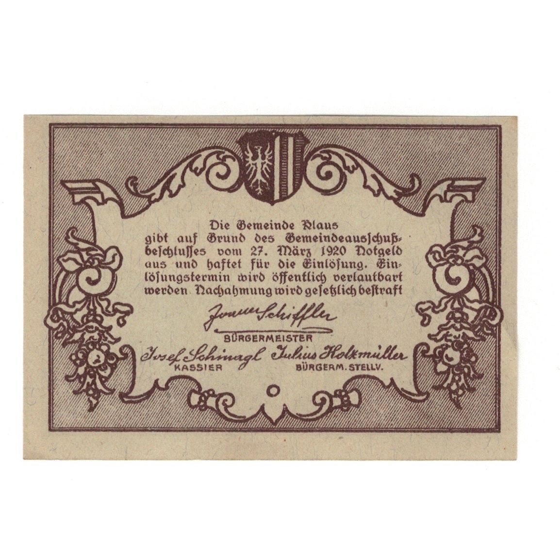 Geldschein, Österreich, Klaus O.Ö. Gemeinde, 50 Heller, texte 1, 1920
