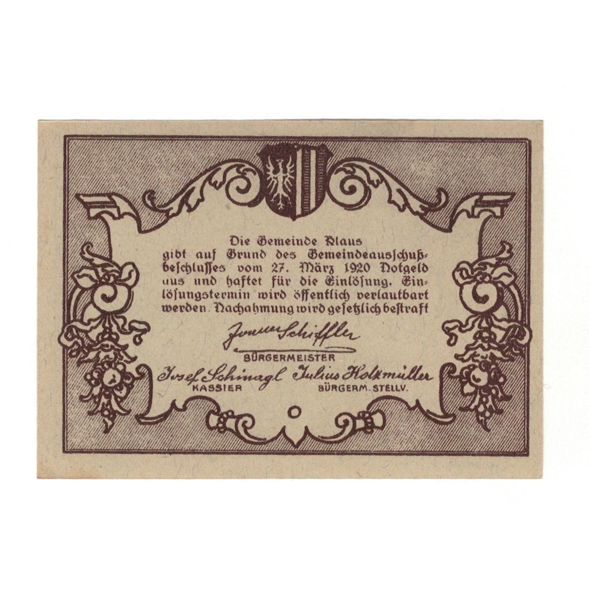 Geldschein, Österreich, Klaus O.Ö. Gemeinde, 50 Heller, Texte 2, 1920