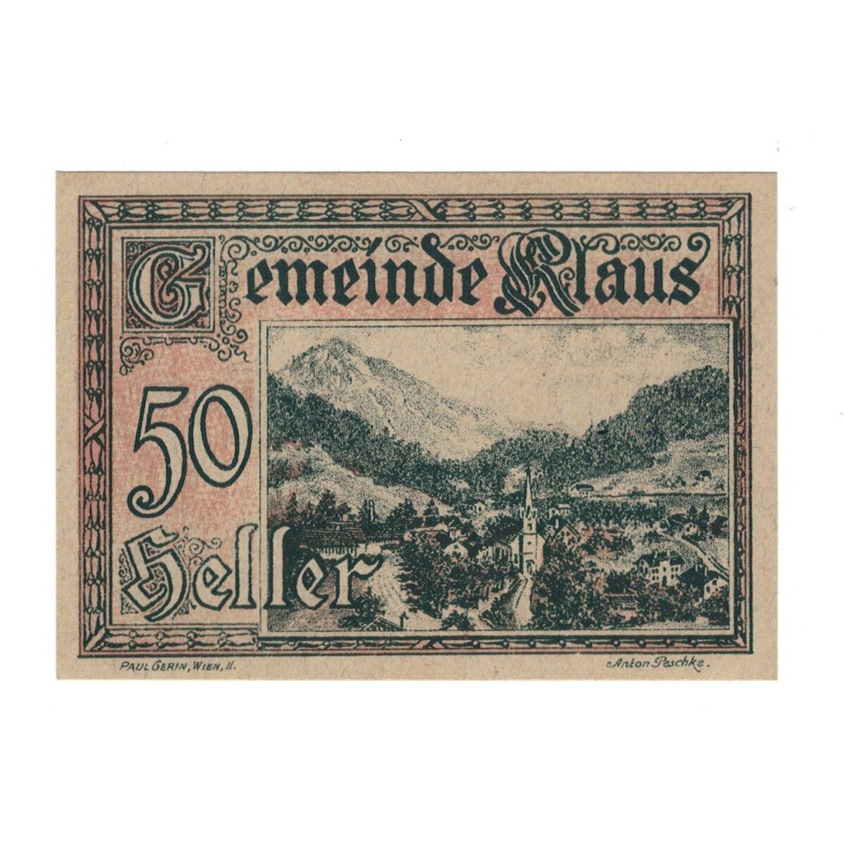 Geldschein, Österreich, Klaus O.Ö. Gemeinde, 50 Heller, Texte 3, 1920