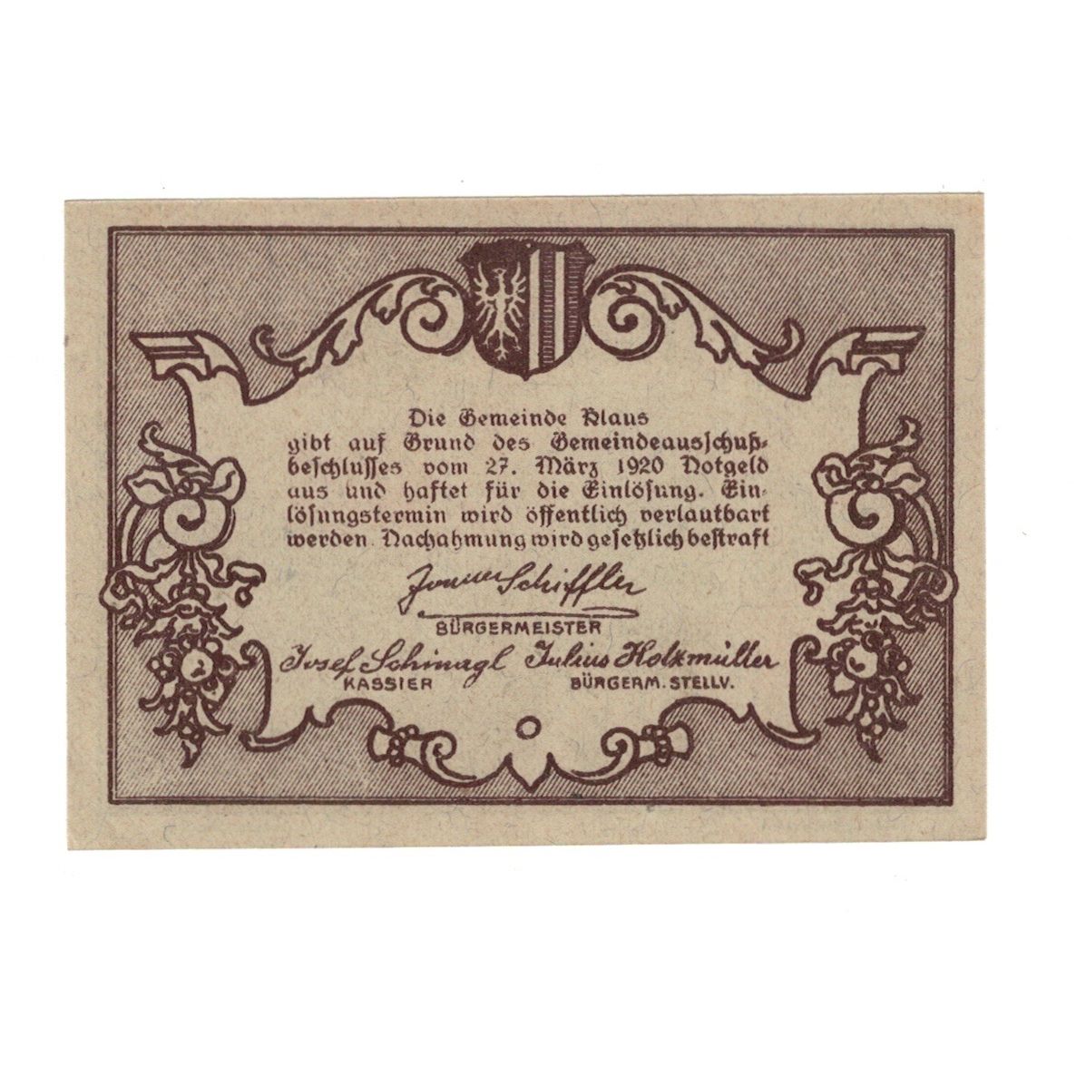 Geldschein, Österreich, Klaus O.Ö. Gemeinde, 50 Heller, Texte 3, 1920