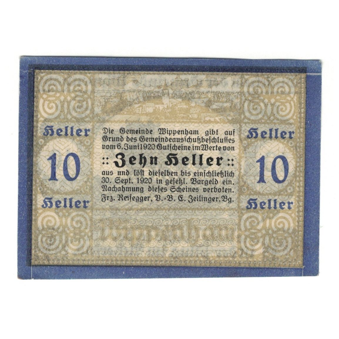 Geldschein, Österreich, Wippenham O.Ö. Gemeinde, 10 Heller, Texte, 1920