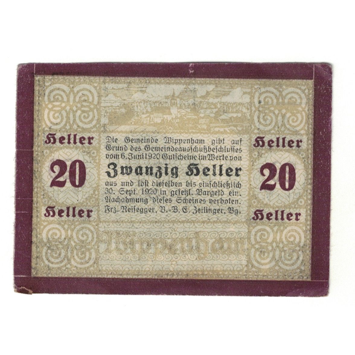 Geldschein, Österreich, Wippenham O.Ö. Gemeinde, 20 Heller, Texte, 1920