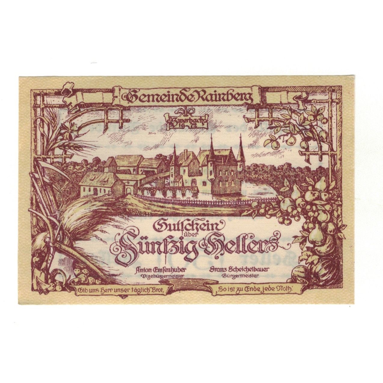 Billet, Autriche, Rainberg N.Ö. Gemeinde, 50 Heller, Texte, 1920, 1920-12-31