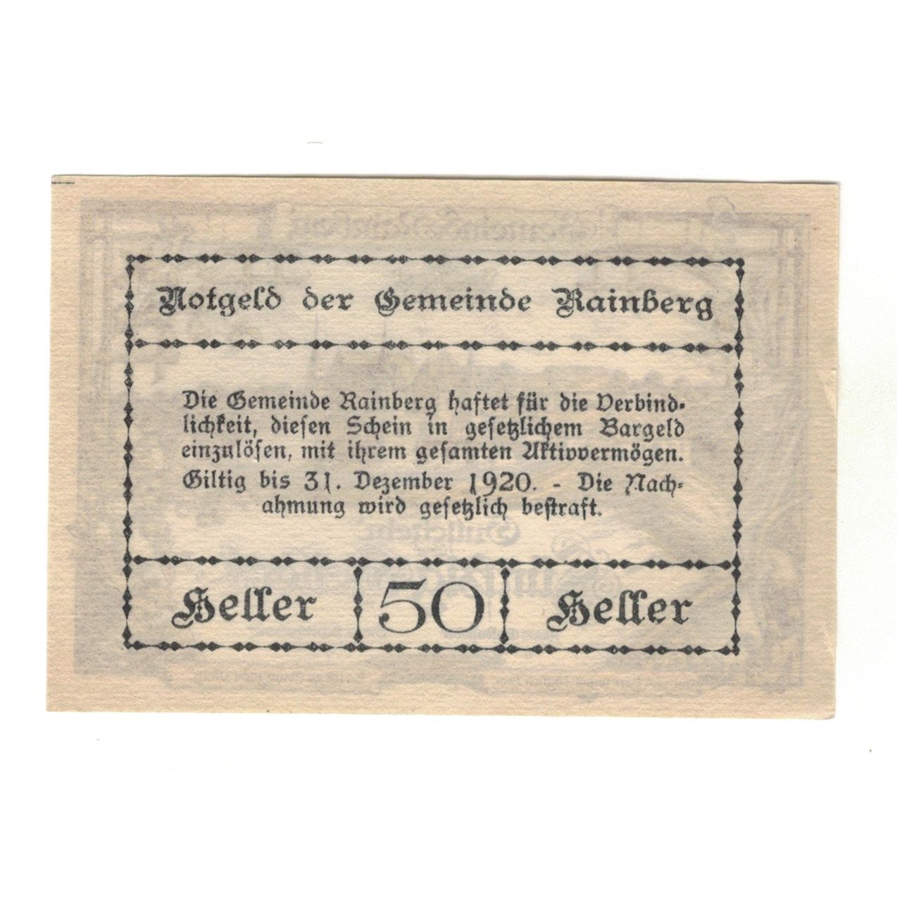 Billet, Autriche, Rainberg N.Ö. Gemeinde, 50 Heller, Texte, 1920, 1920-12-31