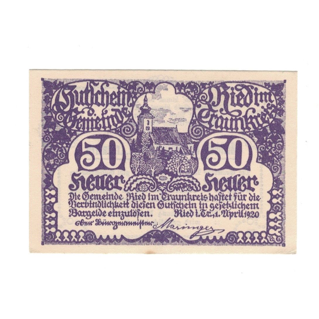 Geldschein, Österreich, Ried im Traunkreis O.Ö. Gemeinde, 50 Heller, Texte