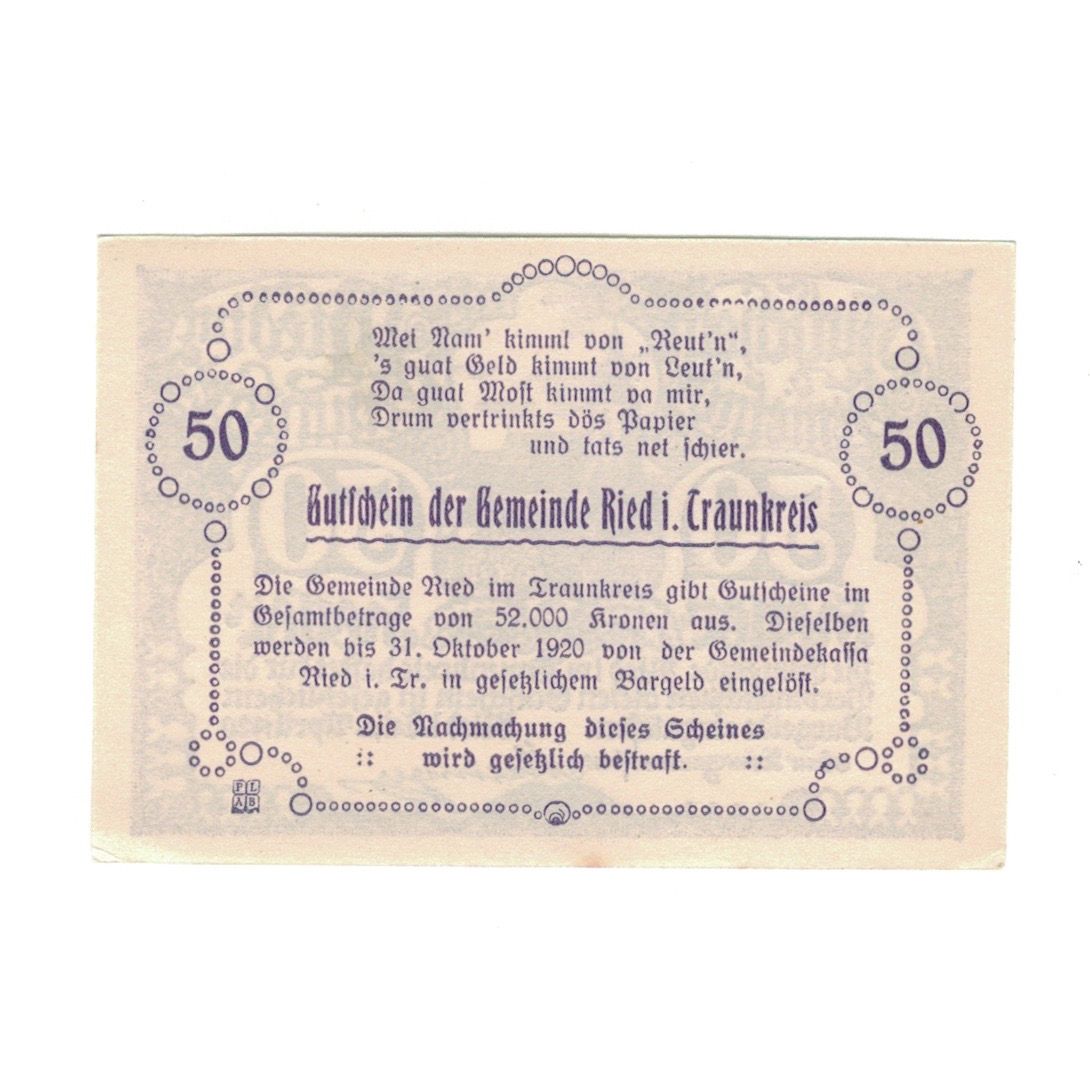 Geldschein, Österreich, Ried im Traunkreis O.Ö. Gemeinde, 50 Heller, Texte