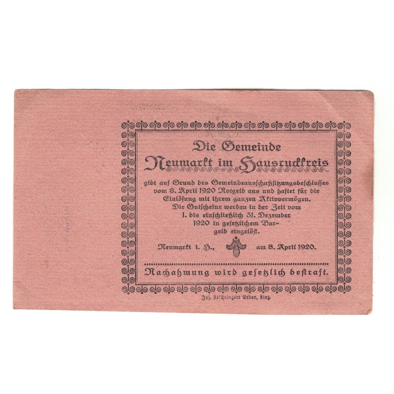 Geldschein, Österreich, Neumarkt Im Hausruckkreis O.Ö. Gemeinde, 50 Heller
