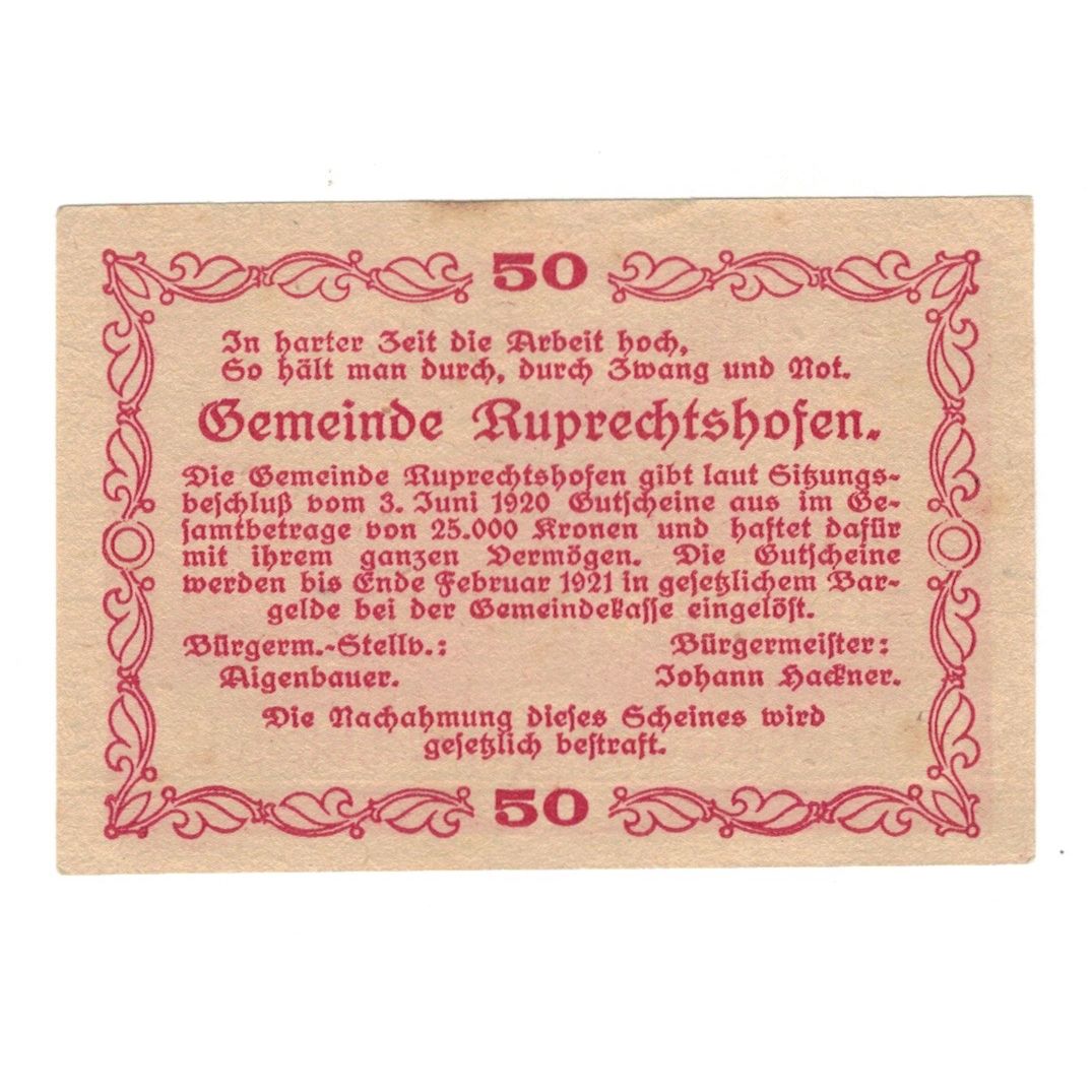 Geldschein, Österreich, Ruprechtshofen, 50 Heller, Texte, 1920, 1920-06-30, VZ