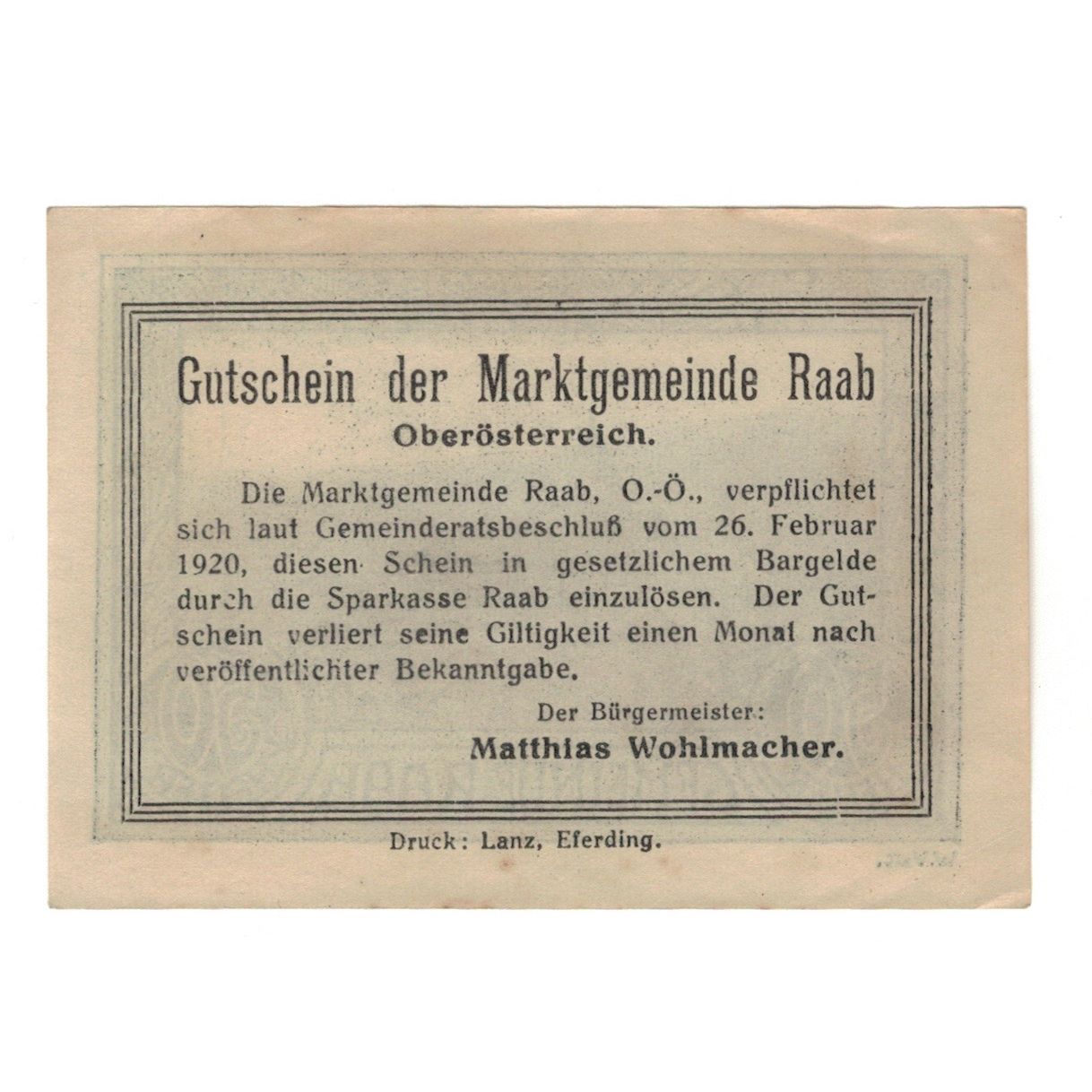 Geldschein, Österreich, Raab O.Ö. Marktgemeinde, 50 Heller, Texte, 1920