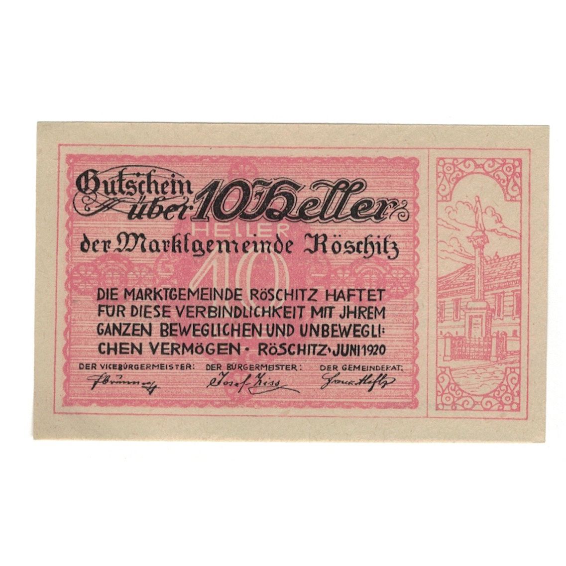 Geldschein, Österreich, Röschitz N.Ö. Marktgemeinde, 10 Heller, Texte, 1920