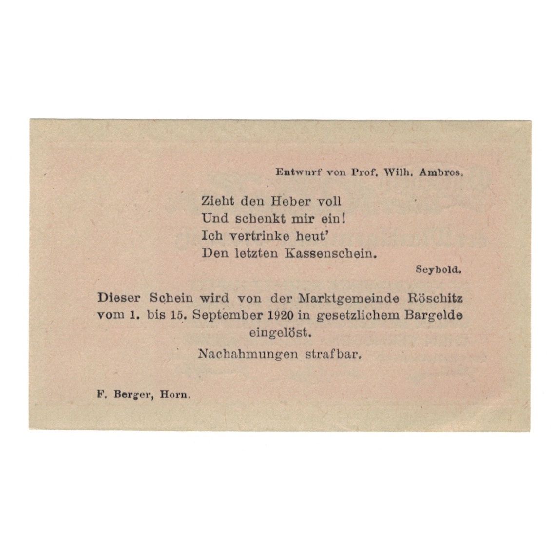 Geldschein, Österreich, Röschitz N.Ö. Marktgemeinde, 10 Heller, Texte, 1920