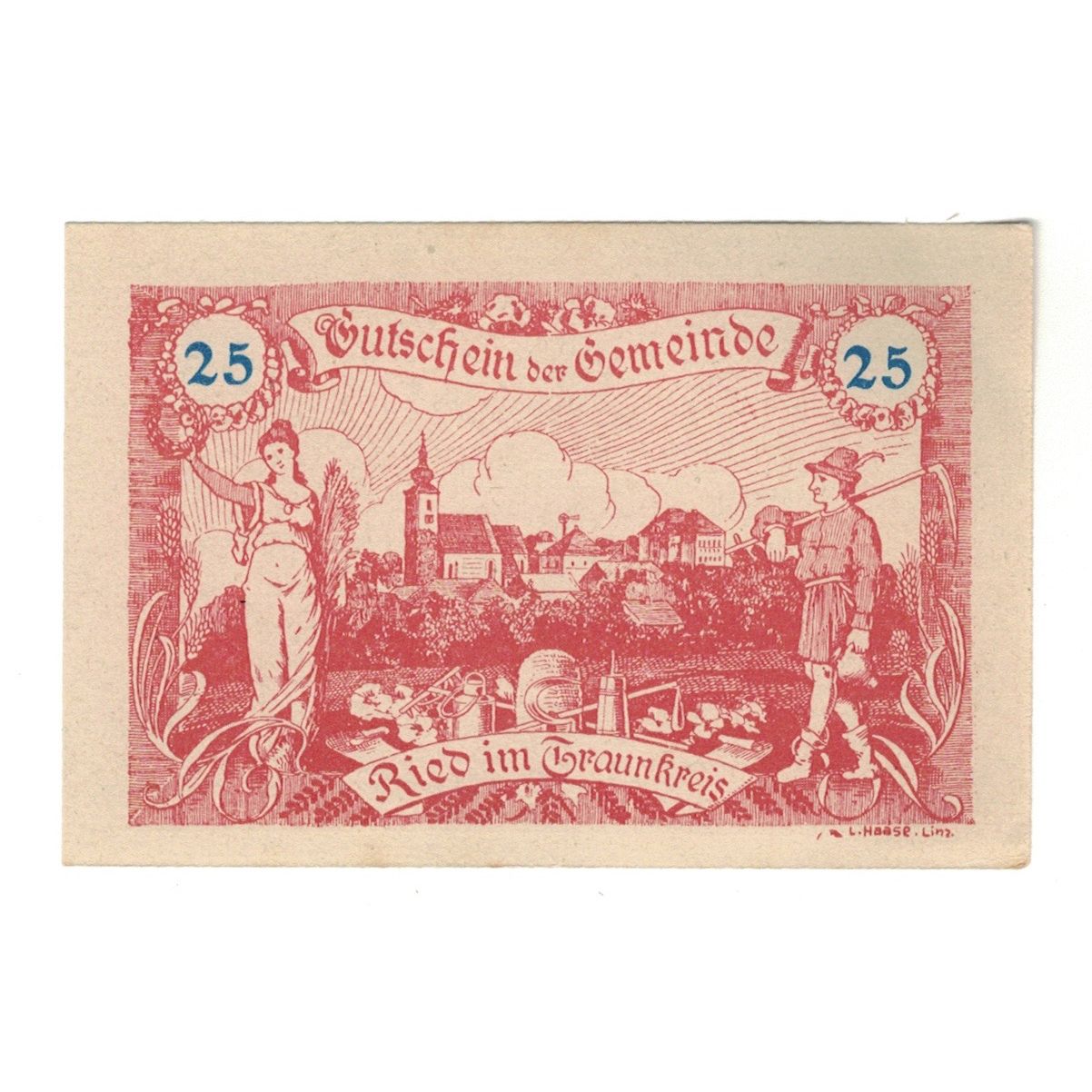 Geldschein, Österreich, Ried im Traunkreis O.Ö. Gemeinde, 25 Heller, valeur