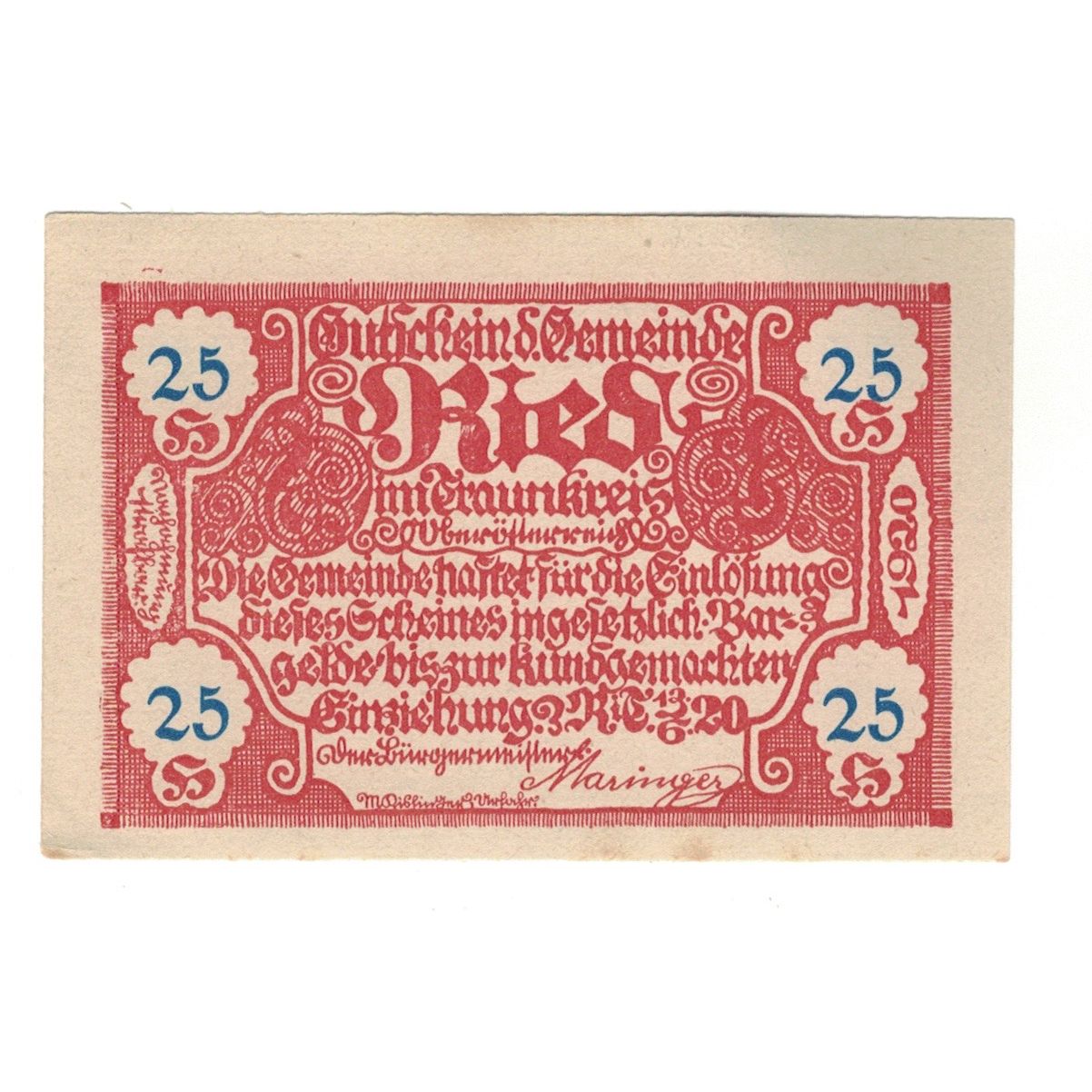 Geldschein, Österreich, Ried im Traunkreis O.Ö. Gemeinde, 25 Heller, valeur
