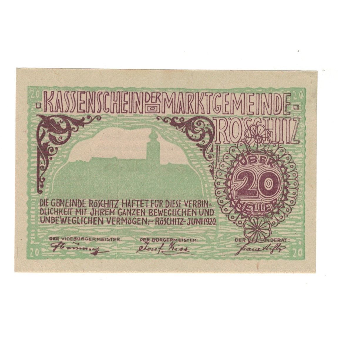 Geldschein, Österreich, Röschitz N.Ö. Marktgemeinde, 20 Heller, Texte, 1920