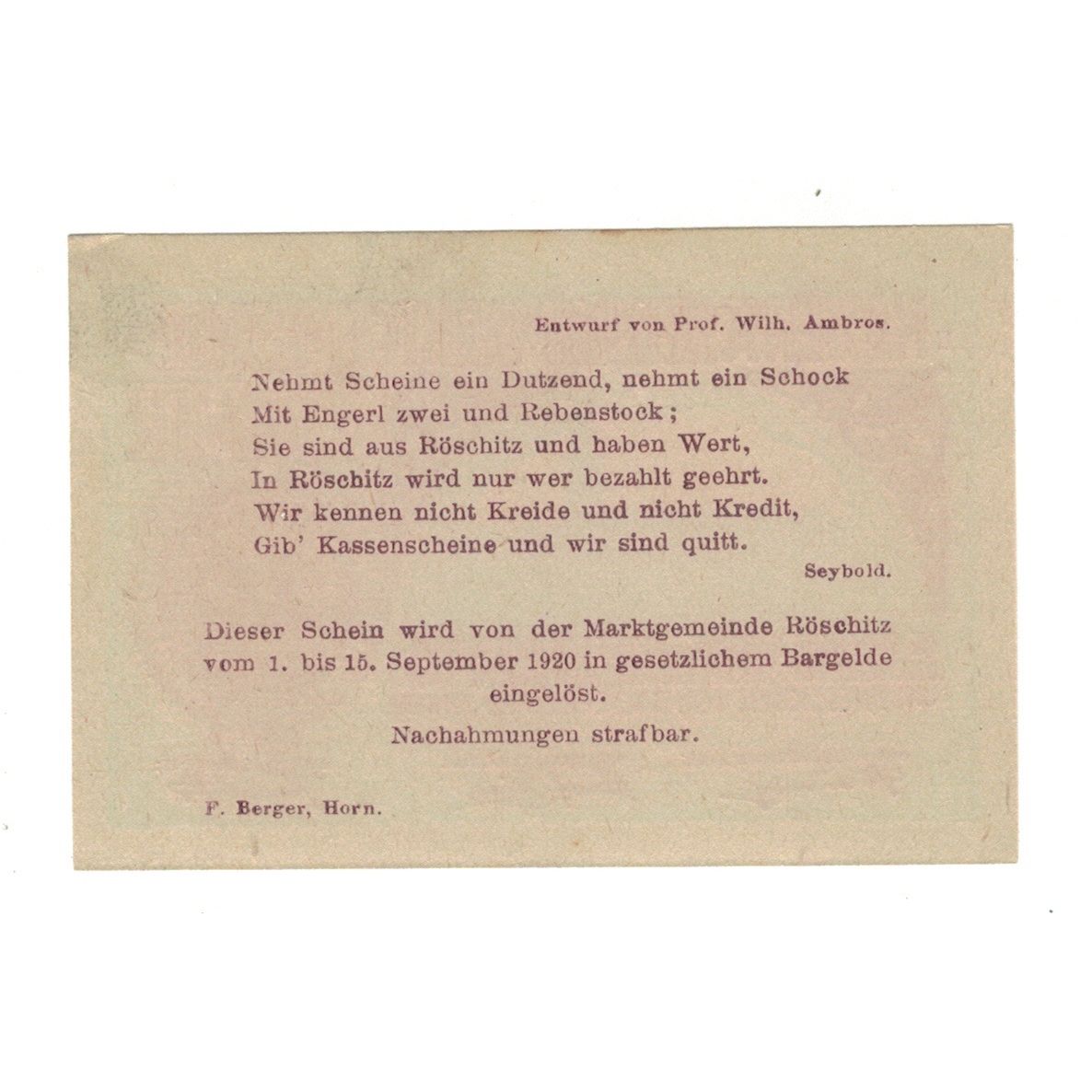 Geldschein, Österreich, Röschitz N.Ö. Marktgemeinde, 20 Heller, Texte, 1920