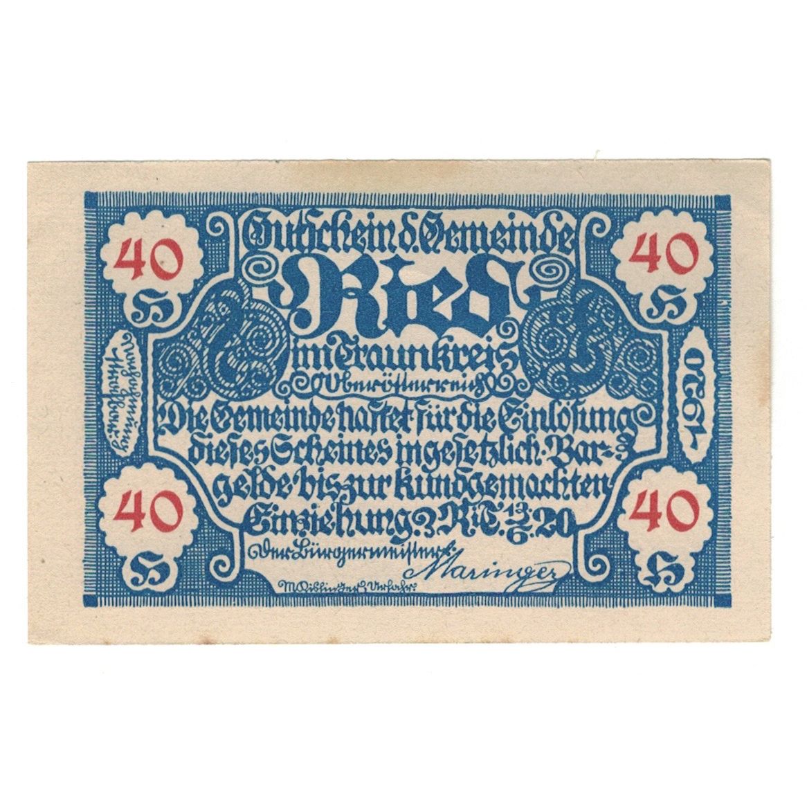Geldschein, Österreich, Ried im Traunkreis O.Ö. Gemeinde, 40 Heller, valeur