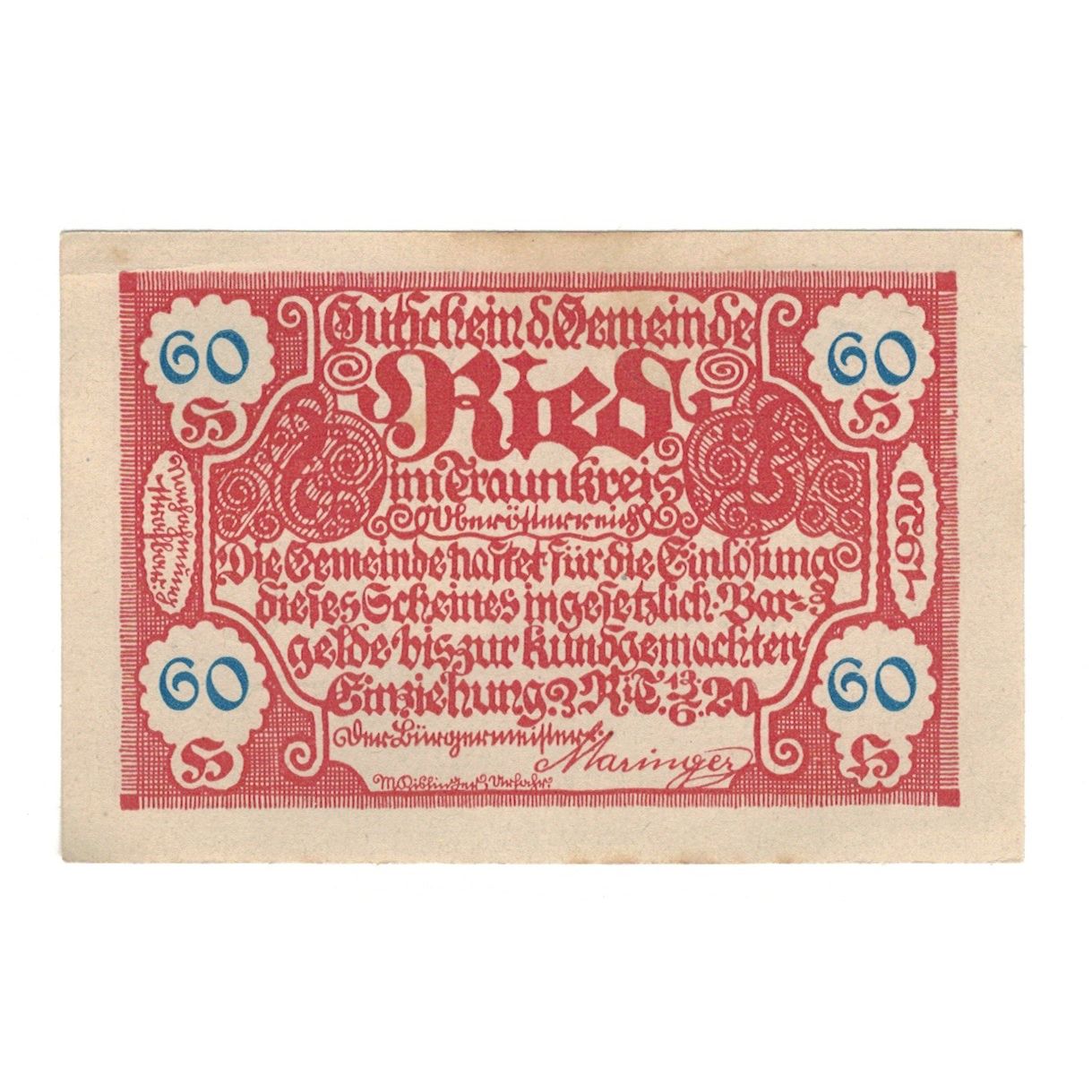 Geldschein, Österreich, Ried im Traunkreis O.Ö. Gemeinde, 60 Heller, valeur