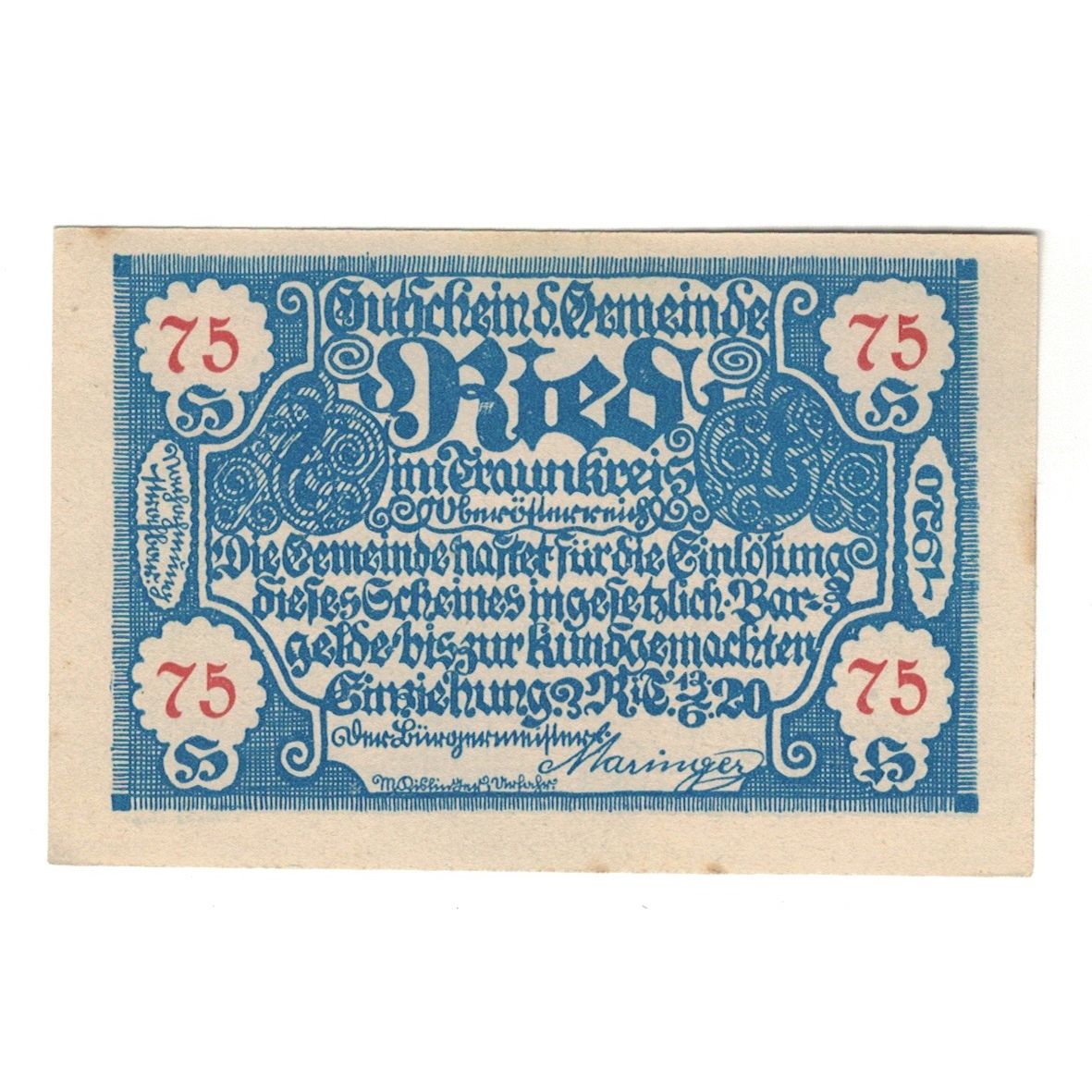 Geldschein, Österreich, Ried im Traunkreis O.Ö. Gemeinde, 75 Heller, valeur