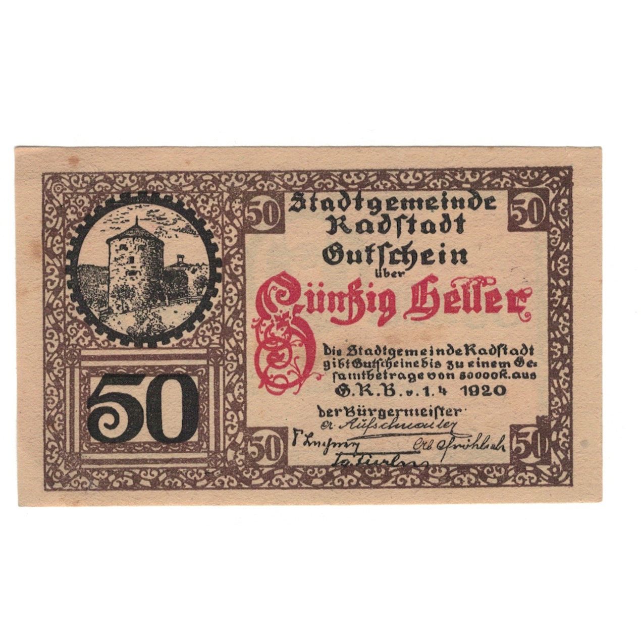 Geldschein, Österreich, Radstadt Sbg. Stadtgemeinde, 50 Heller, valeur faciale