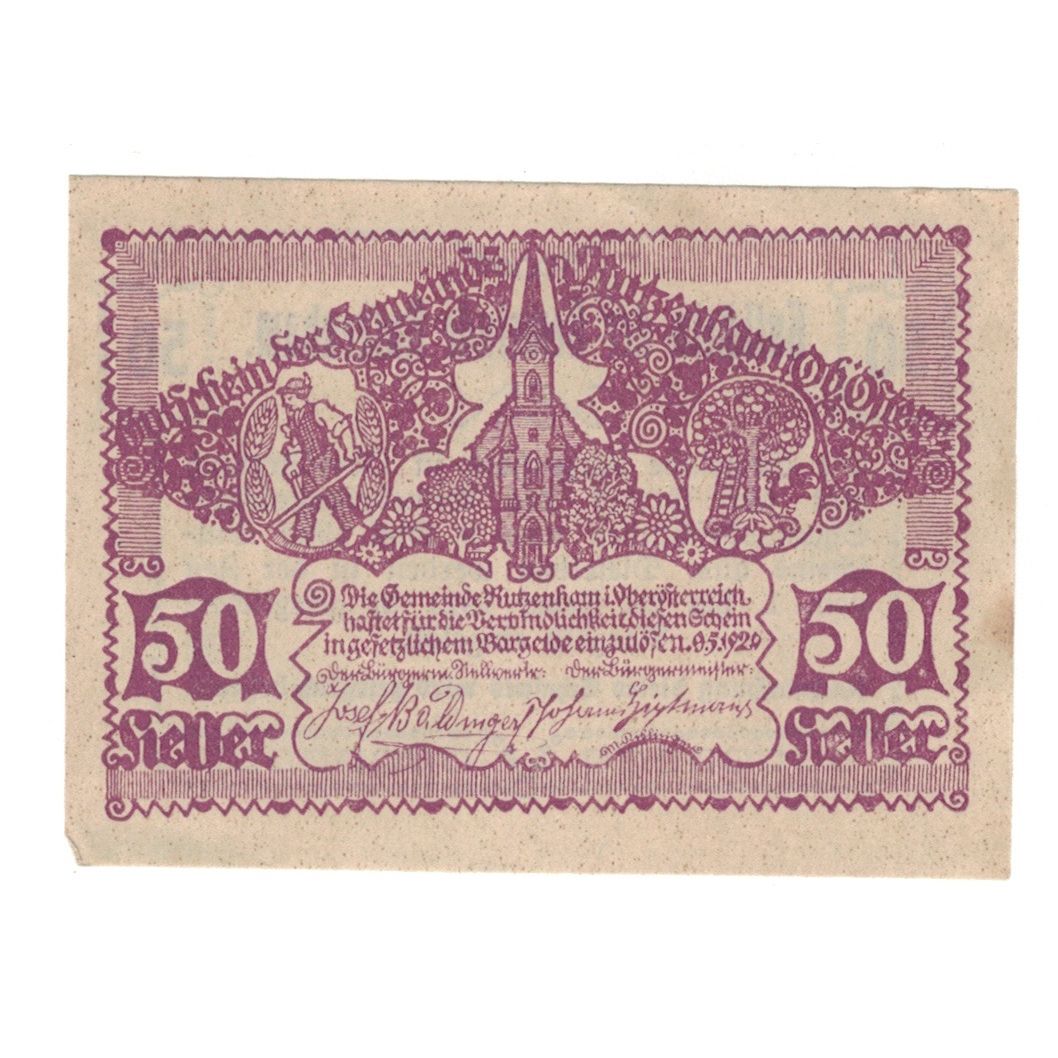 Geldschein, Österreich, Rutzenham O.Ö. Gemeinde, 50 Heller, Eglise, 1920