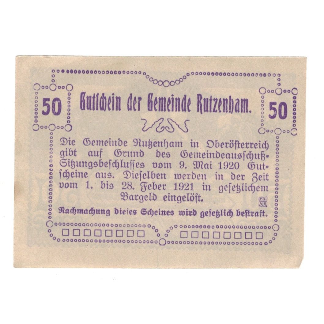 Geldschein, Österreich, Rutzenham O.Ö. Gemeinde, 50 Heller, Eglise, 1920