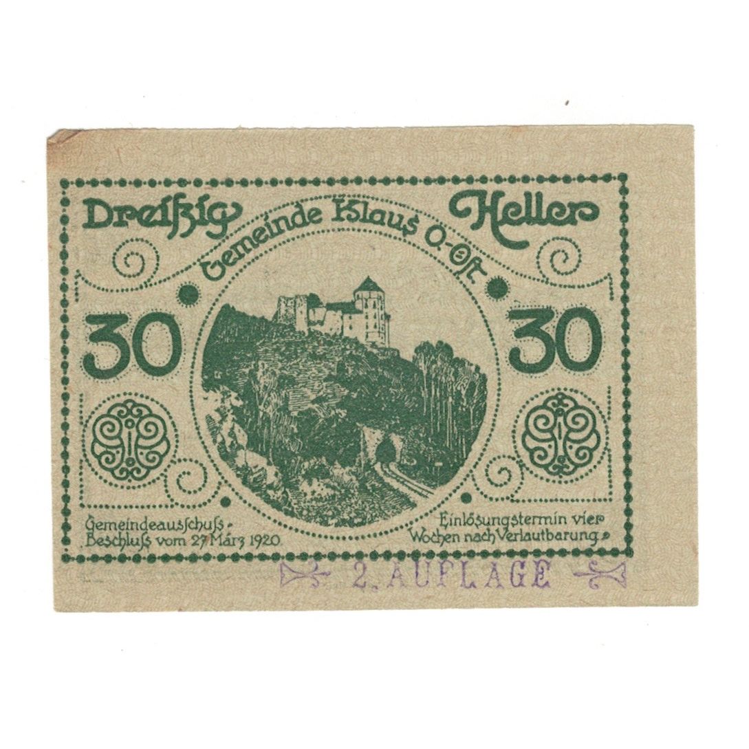 Geldschein, Österreich, Klaus O.Ö. Gemeinde, 30 Heller, Texte, 1920