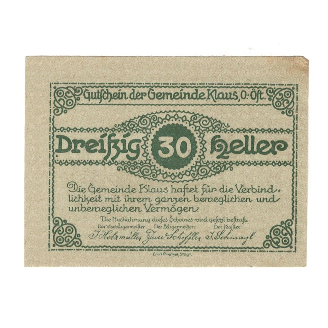 Geldschein, Österreich, Klaus O.Ö. Gemeinde, 30 Heller, Texte, 1920