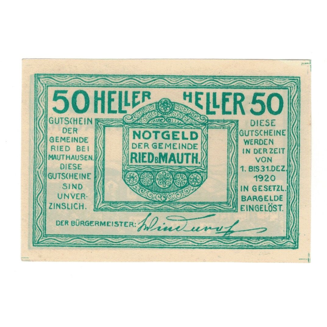 Geldschein, Österreich, Ried bei Mauthausen O.Ö. Gemeinde, 50 Heller, Eglise