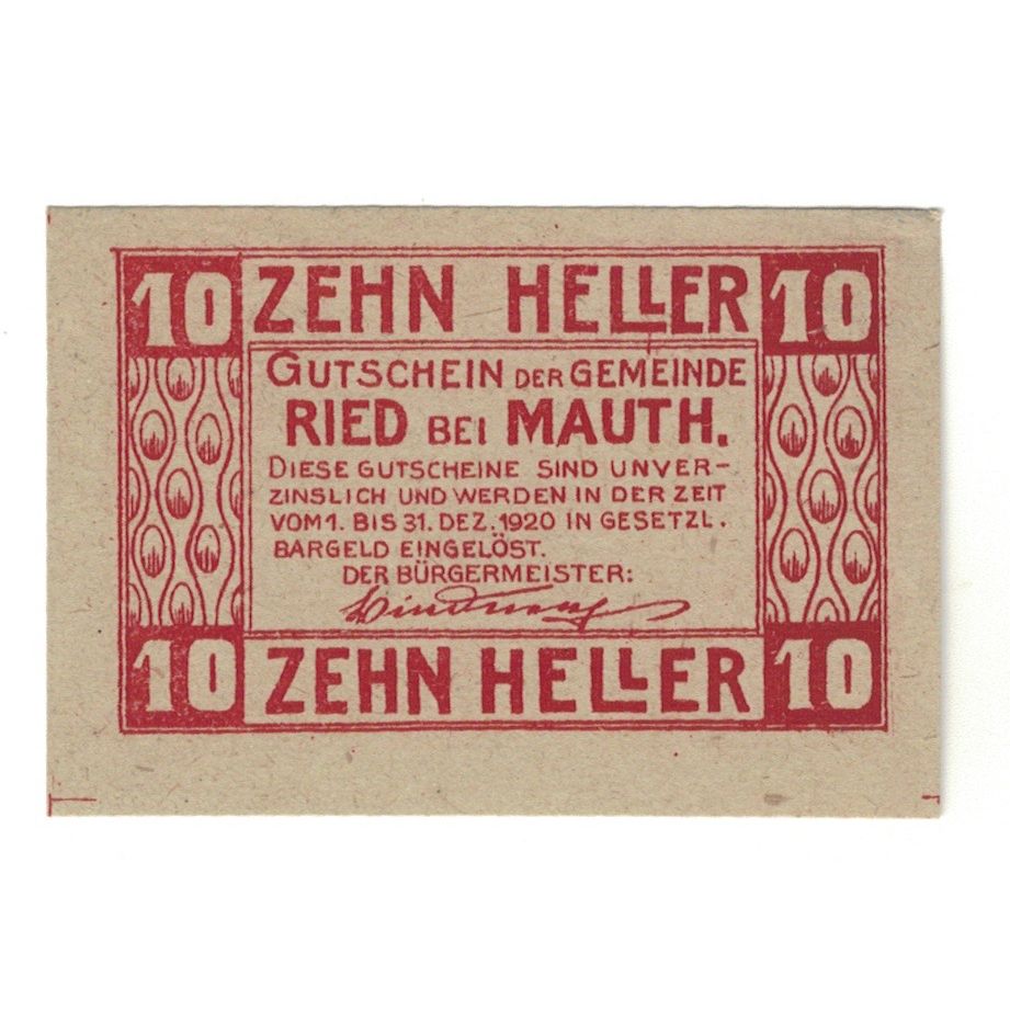 Geldschein, Österreich, Ried bei Mauthausen O.Ö. Gemeinde, 10 Heller, Eglise