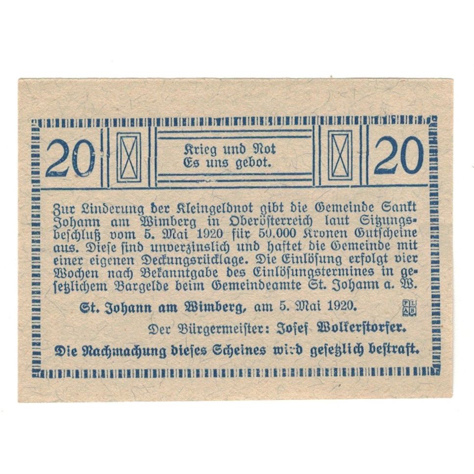 Geldschein, Österreich, St. Johann Am Wimberg O.Ö. Gemeinde, 20 Heller, Texte