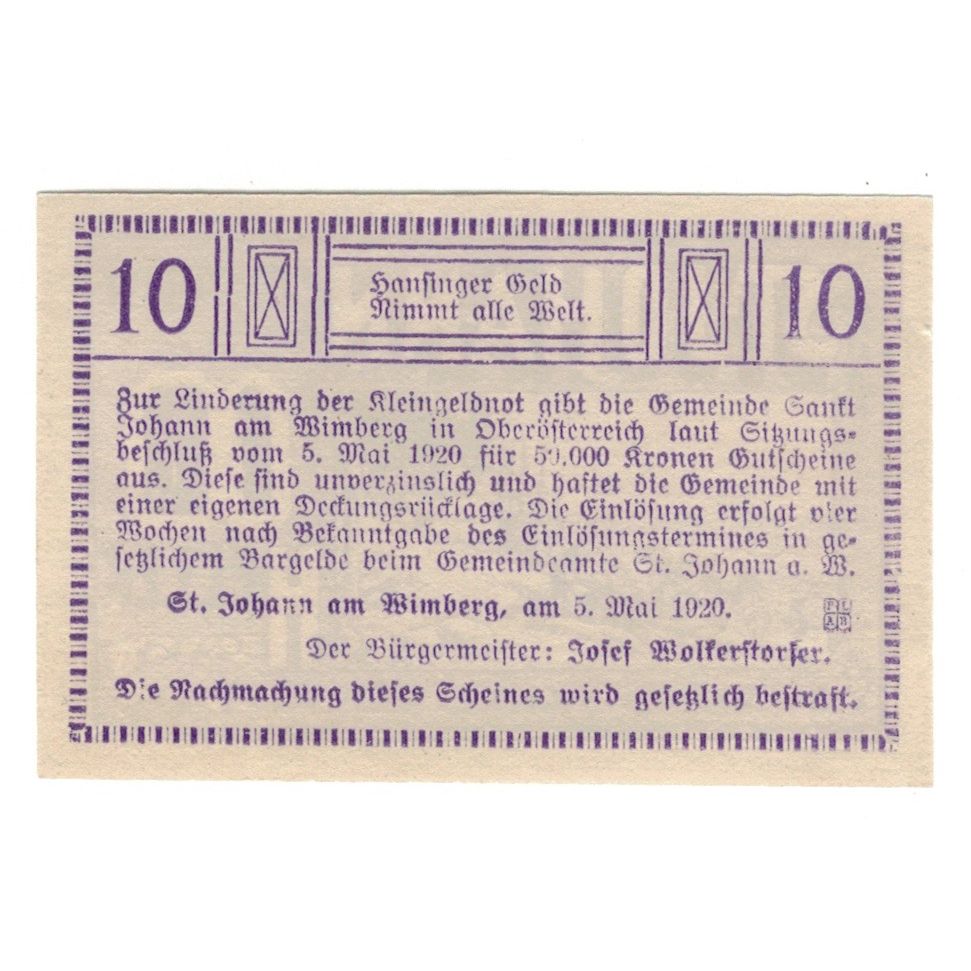 Geldschein, Österreich, St. Johann Am Wimberg O.Ö. Gemeinde, 10 Heller, Texte