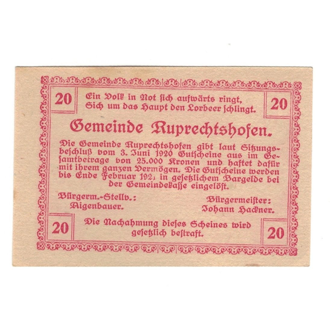 Geldschein, Österreich, Ruprechtshofen, 20 Heller, texte 1, 1920, 1920-02-29