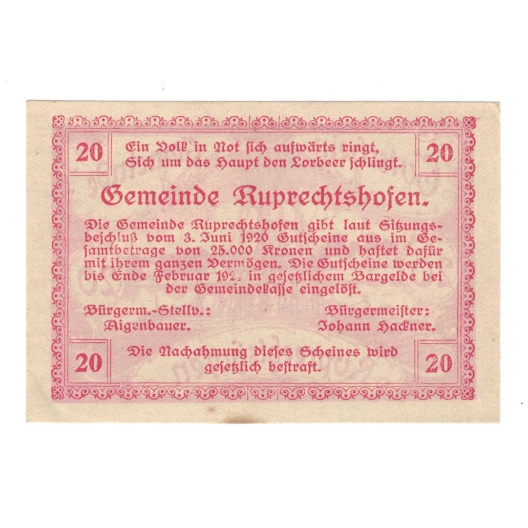 Geldschein, Österreich, Ruprechtshofen, 20 Heller, Texte 2, 1920, 1920-02-29