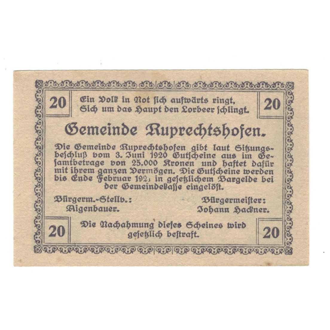 Geldschein, Österreich, Ruprechtshofen, 20 Heller, Texte 3, 1920, 1920-02-29