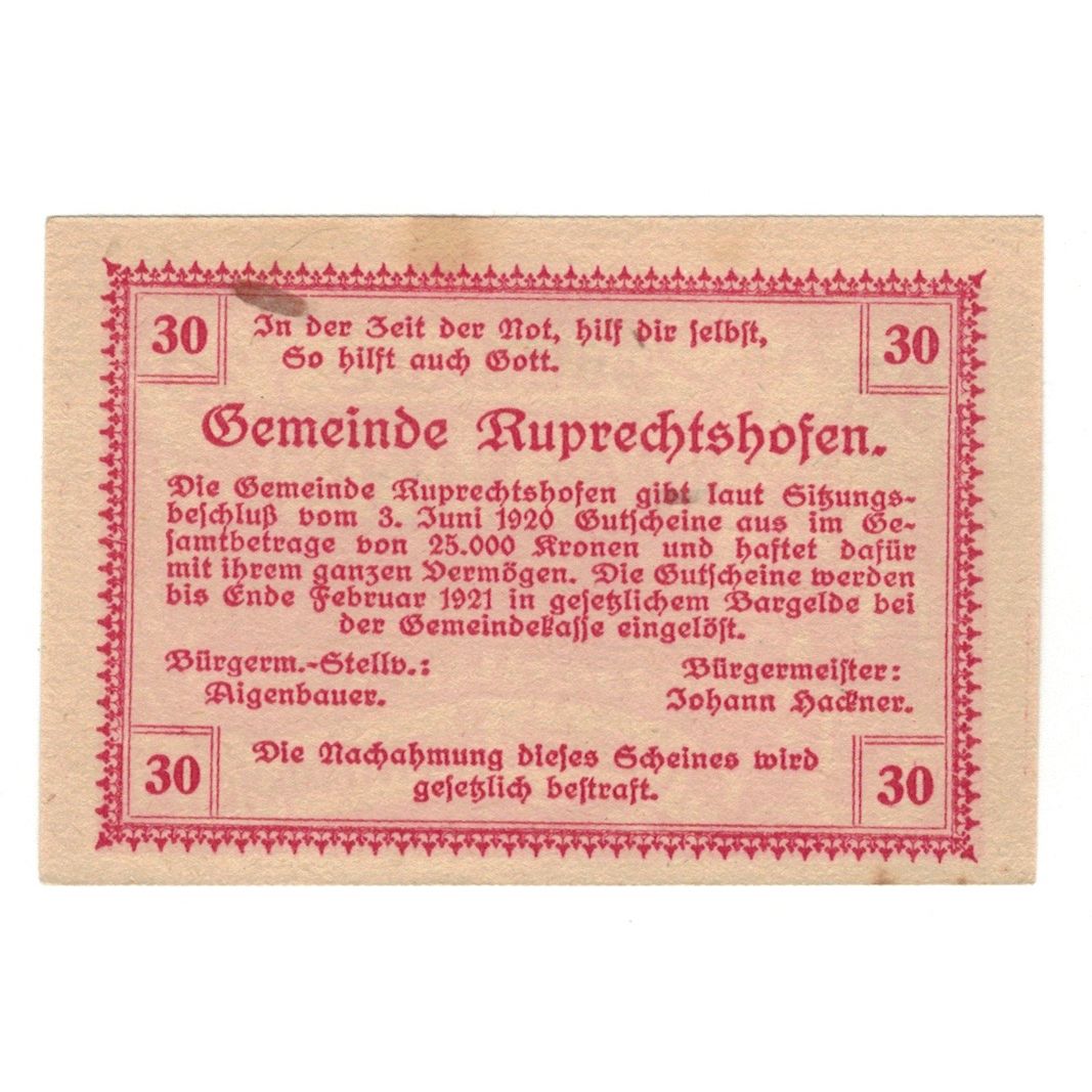 Geldschein, Österreich, Ruprechtshofen, 30 Heller, Texte, 1920, 1920-02-29, VZ