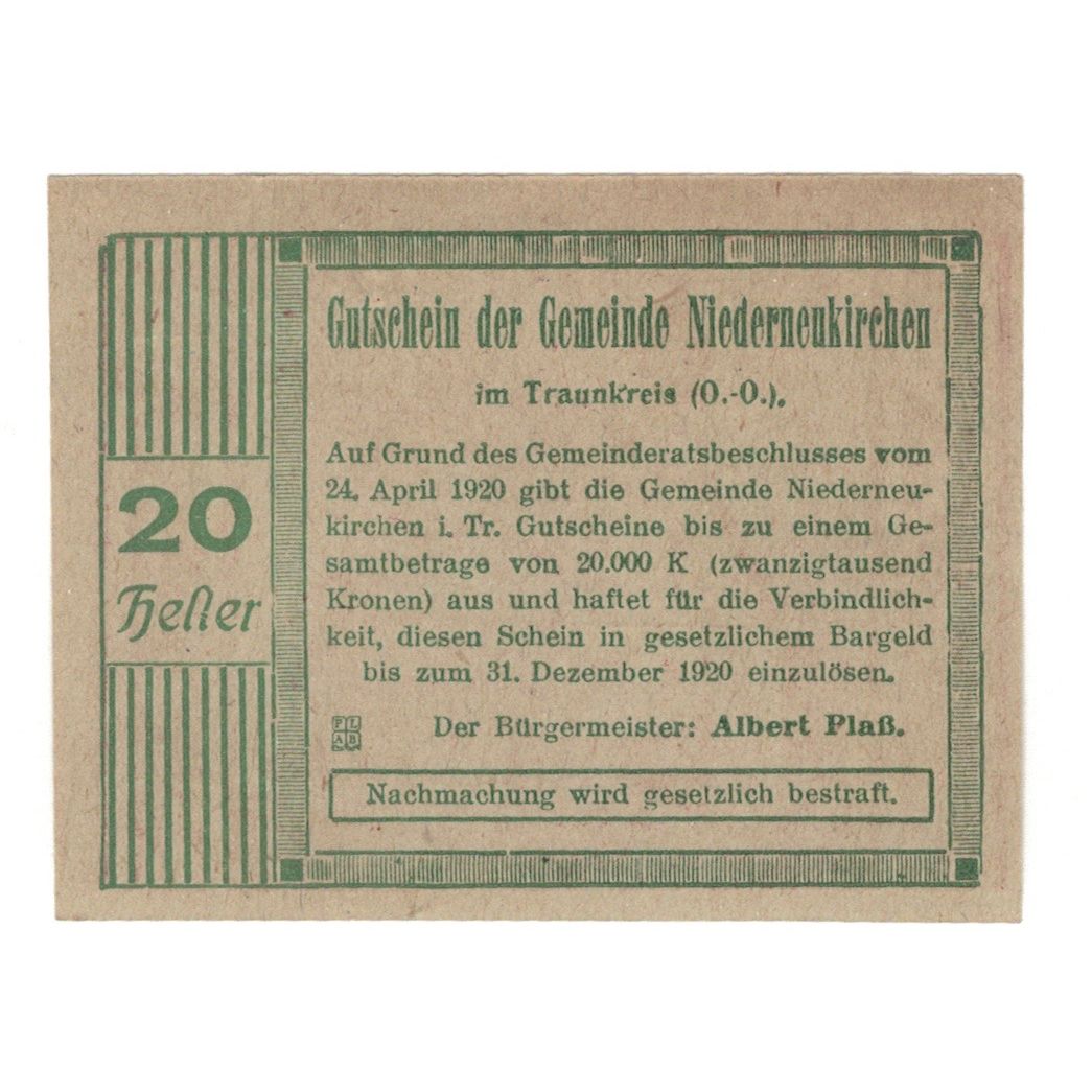 Geldschein, Österreich, Niederneukirchen im Traunkreis O.Ö. Gemeinde, 20