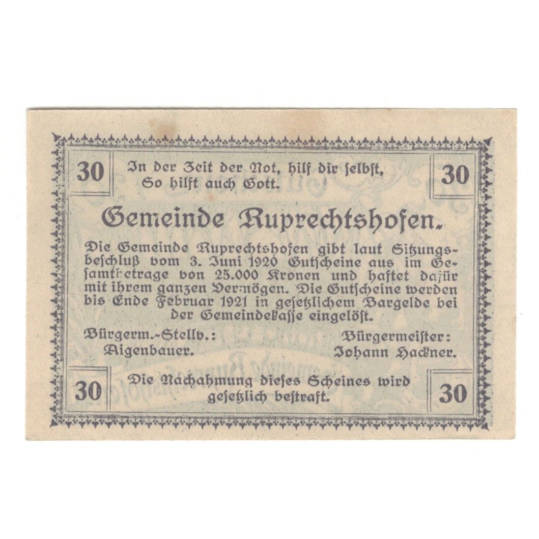 Geldschein, Österreich, Ruprechtshofen, 30 Heller, texte 1, 1920, 1920-02-29