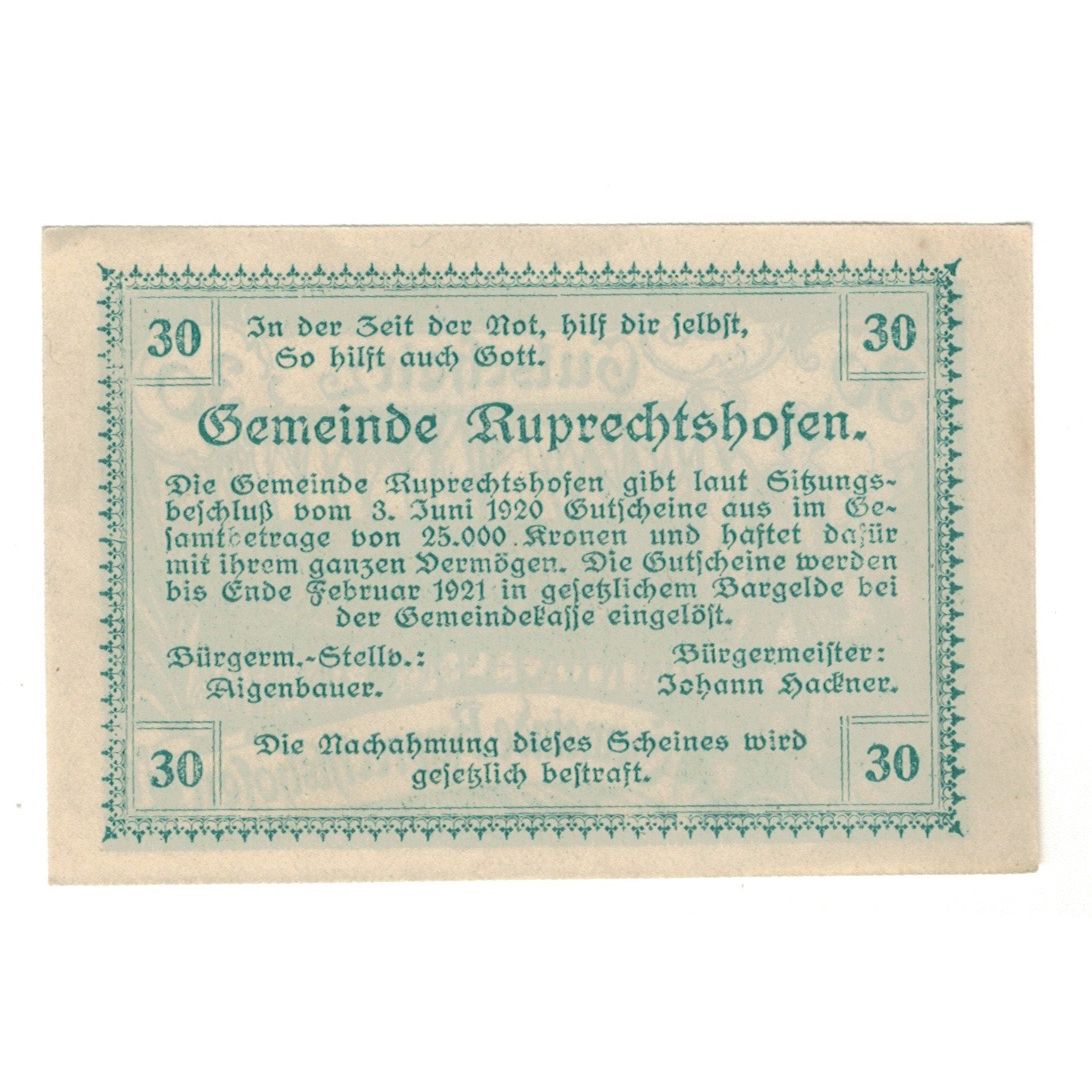 Geldschein, Österreich, Ruprechtshofen, 30 Heller, Texte 2, 1920, 1920-02-29