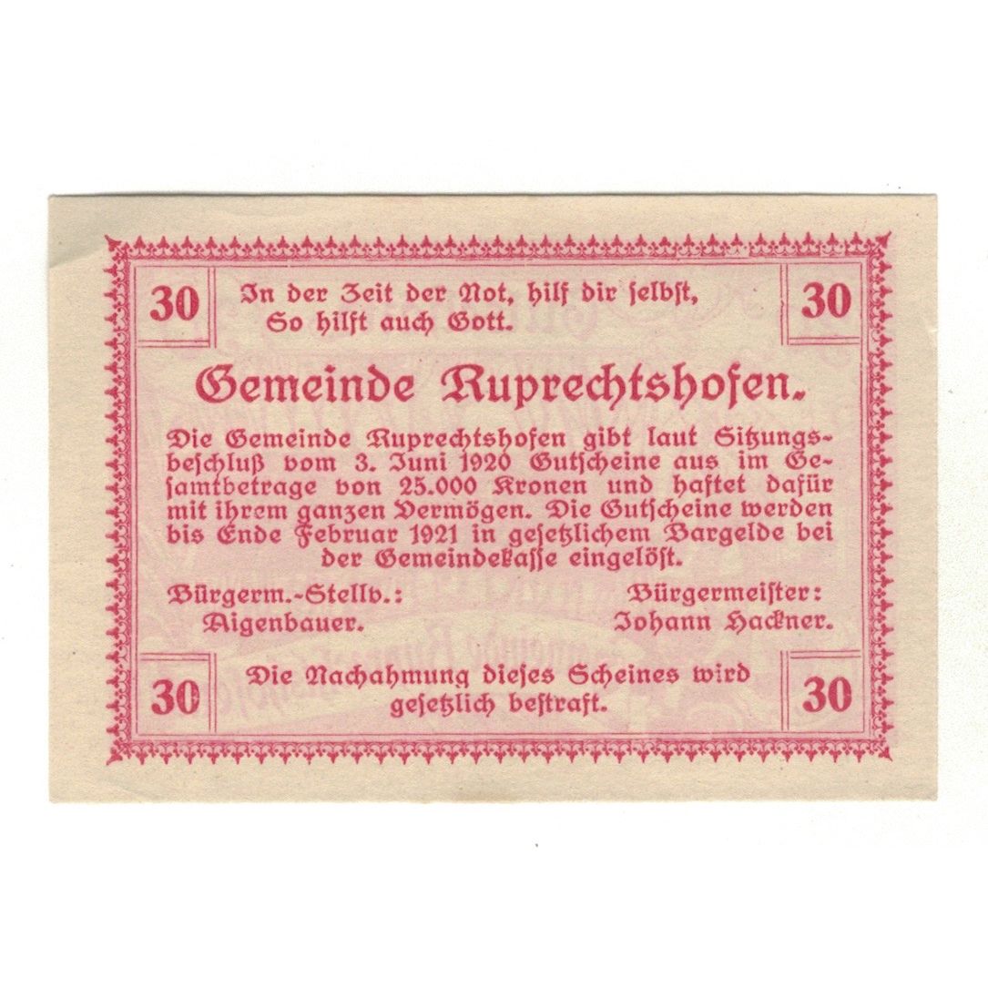 Geldschein, Österreich, Ruprechtshofen, 30 Heller, Texte 3, 1920, 1920-02-29