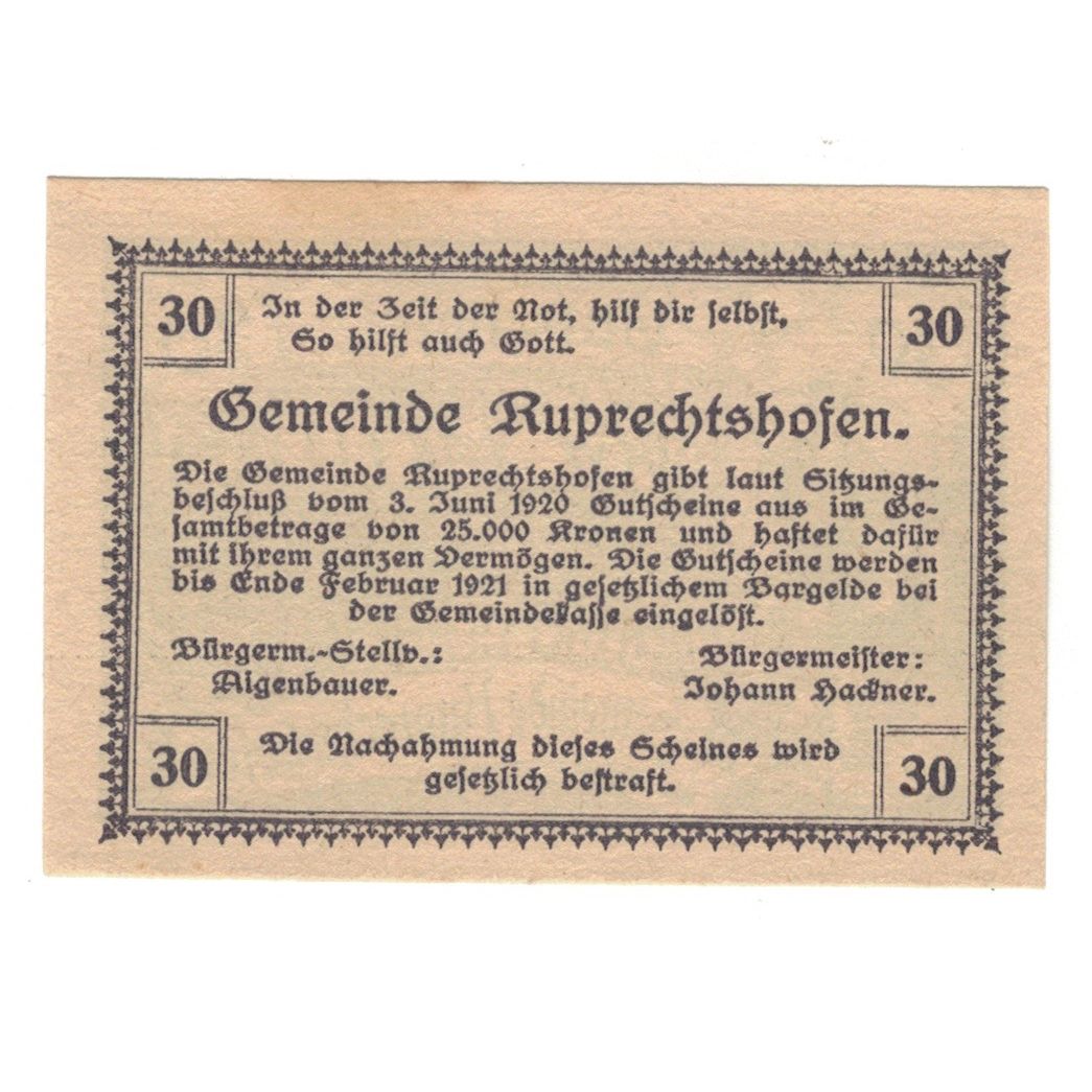 Geldschein, Österreich, Ruprechtshofen, 30 Heller, Texte 4, 1920, 1920-02-29