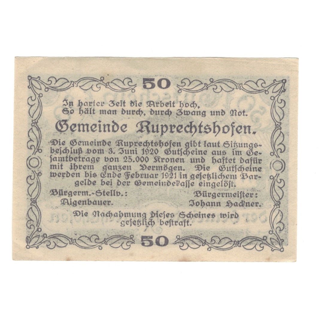 Geldschein, Österreich, Ruprechtshofen, 50 Heller, texte 1, 1920, 1920-02-29