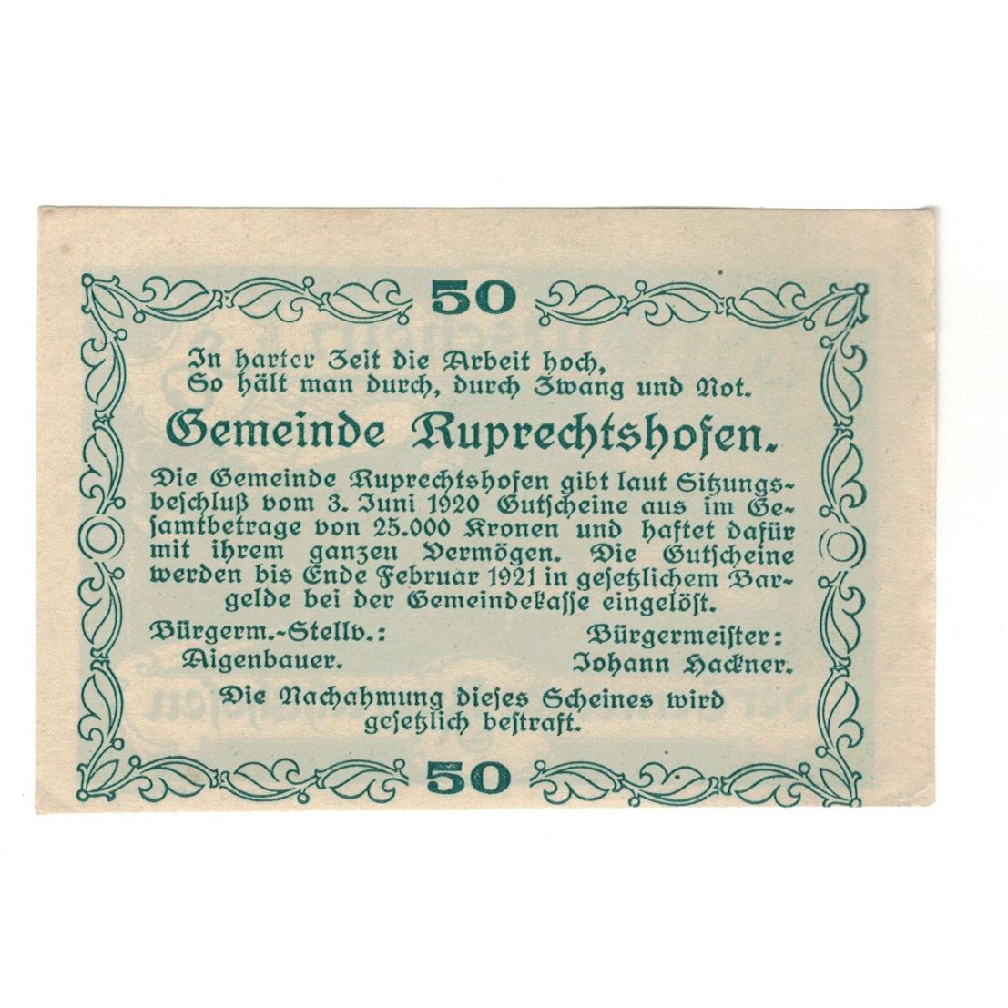 Geldschein, Österreich, Ruprechtshofen, 50 Heller, Texte 2, 1920, 1920-02-29