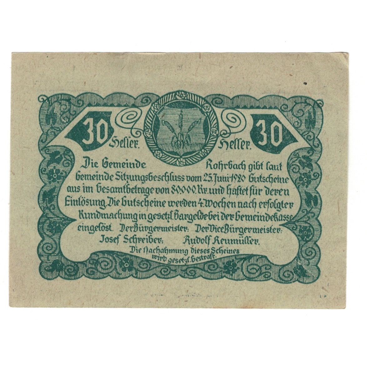 Geldschein, Österreich, Rohrbach O.Ö. Gemeinde, 30 Heller, Texte, 1920