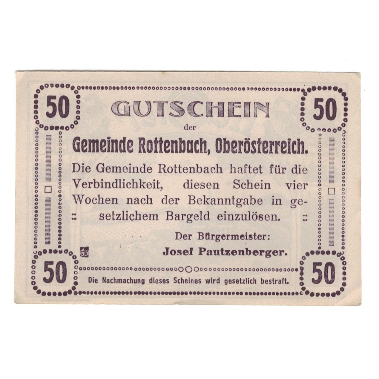 Geldschein, Österreich, Rohrbach O.Ö. Gemeinde, 50 Heller, texte 1, VZ