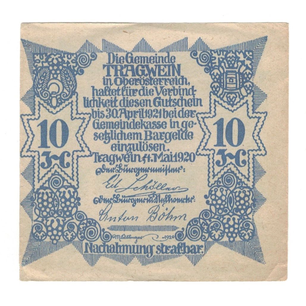 Geldschein, Österreich, Tragwein O.Ö. Gemeinde, 10 Heller, Eglise, 1920