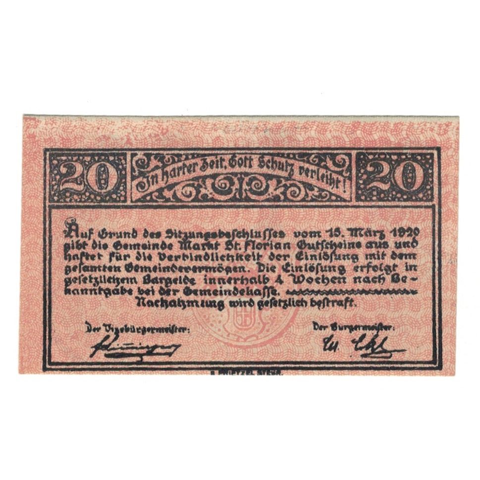 Geldschein, Österreich, St. Florian O.Ö. Gemeinde, 20 Heller, Texte, 1920
