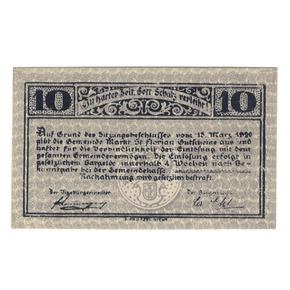 Geldschein, Österreich, St. Florian O.Ö. Gemeinde, 10 Heller, Texte, 1920