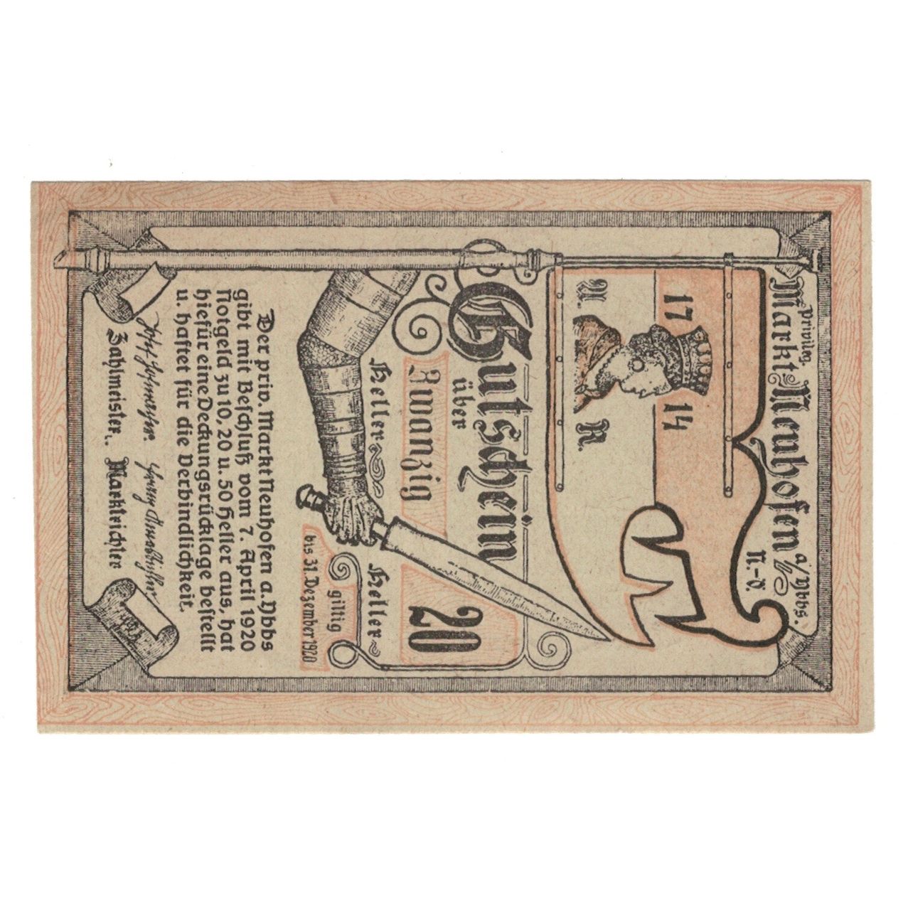 Geldschein, Österreich, Neuhofen a.d. Ybbs N.Ö. Privileg. Markt, 20 Heller