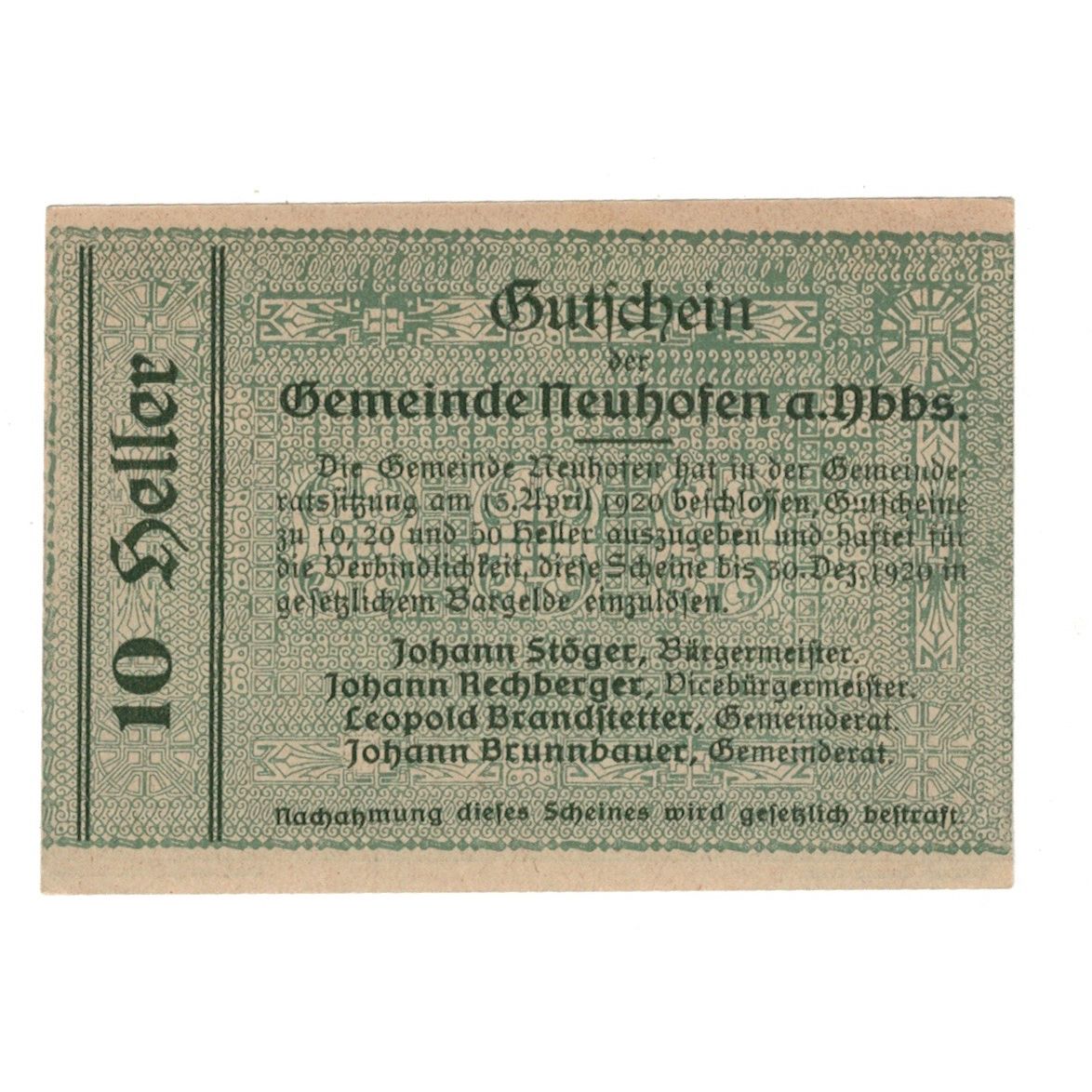 Geldschein, Österreich, Neuhofen a.d. Ybbs N.Ö. Gemeinde, 10 Heller, Texte